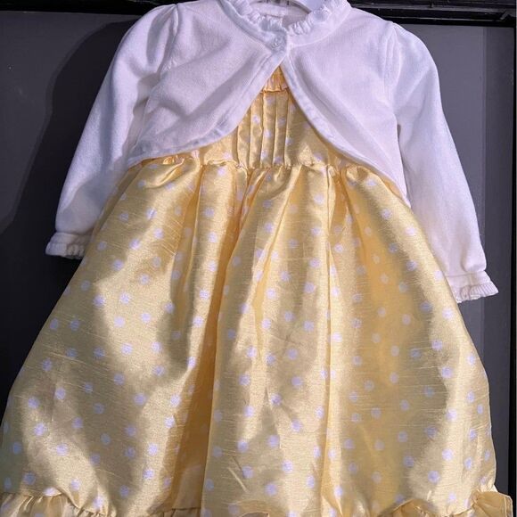 Cherokee Girls 18 Month Dress with Matching Cardigan, yellow, white polka dots - Picture 2 of 9